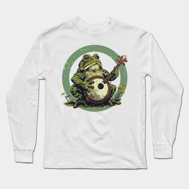 Retro Goblincore Cute Frog Playing His Acoustic Guitar Frog Lover Long Sleeve T-Shirt by RetroZin